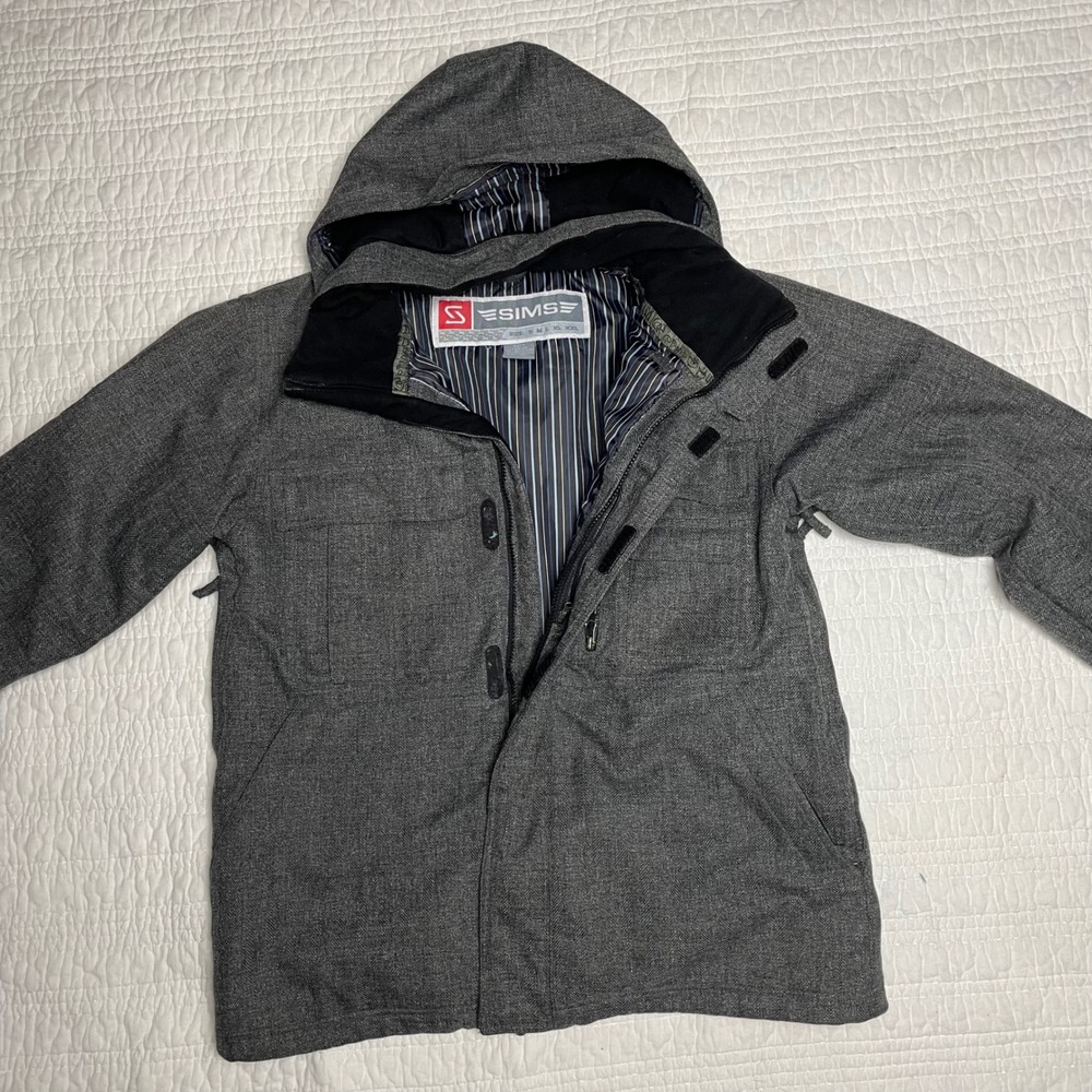 Sims Mens Snowboard Jacket Grey Herringbone Hooded Ski Coat Medium